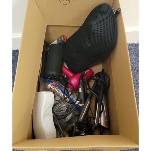 56 - ONE BOX OF ELECTRICAL ITEMS
including hair styler, hair dryer, straighteners and speaker