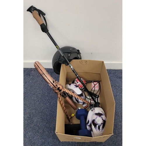 57 - ONE BOX OF SPORTING AND LEISURE ITEMS
including balls, hiking pole, fold up stool and hand weight