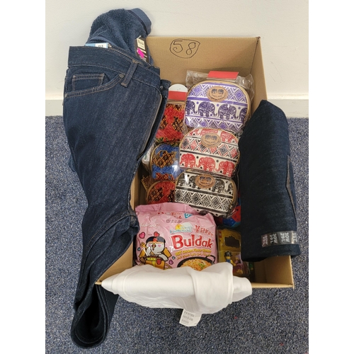 58 - ONE BOX OF NEW ITEMS
including two pairs gents jeans (30W, 31L), towel, noodles, bags and souvenirs