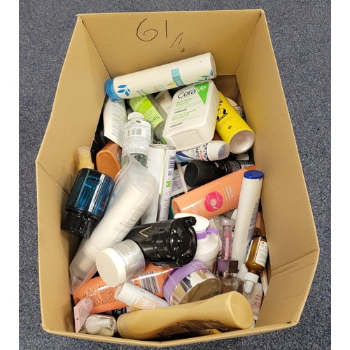 61 - ONE BOX OF TOILETRIES AND COSMETICS
including Paco Rabanne, Jansport, The Ordinary, Elemis, No7 and ... 