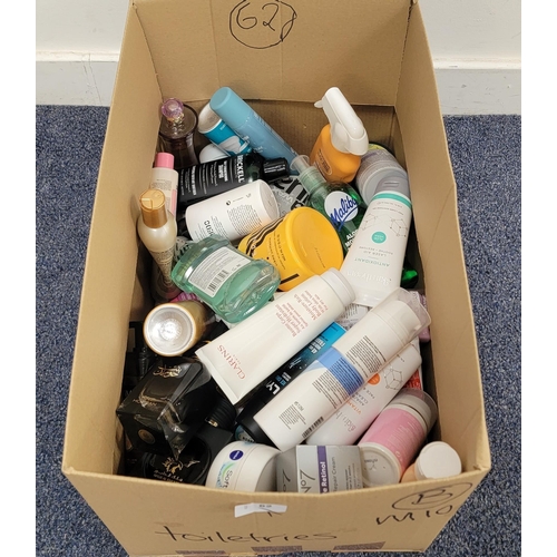 62 - ONE BOX OF TOILETRIES AND COSMETICS
including Armani, Versace, Clarins, No7, Paco Rabanne and Body S... 