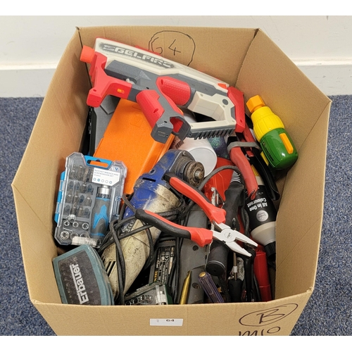 64 - ONE BOX OF TOOLS
including an angle grinder, electric jigsaw, socket and screw driver sets and loose... 