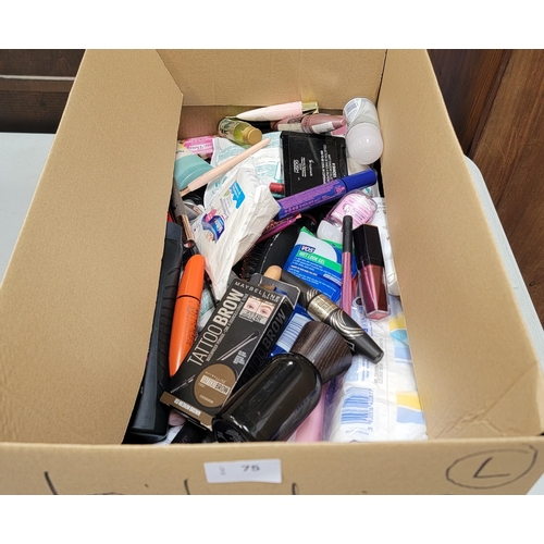 75 - ONE BOX OF TOILETRIES AND COSMETICS
including Maybelline, Rimmel, Max Factor and Ted Baker