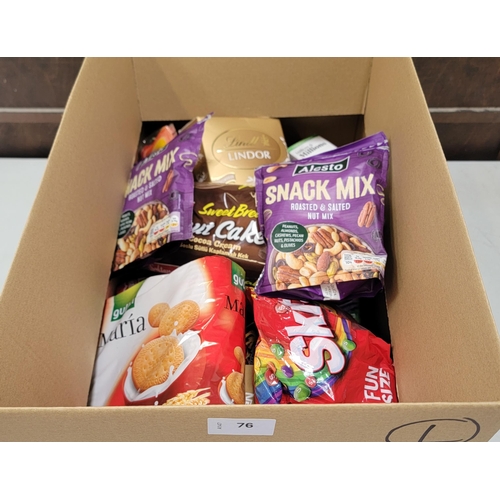 76 - ONE BOX OF CONSUMABLE ITEMS
including vitamins, biscuits, chocolate ,sweets and noodles