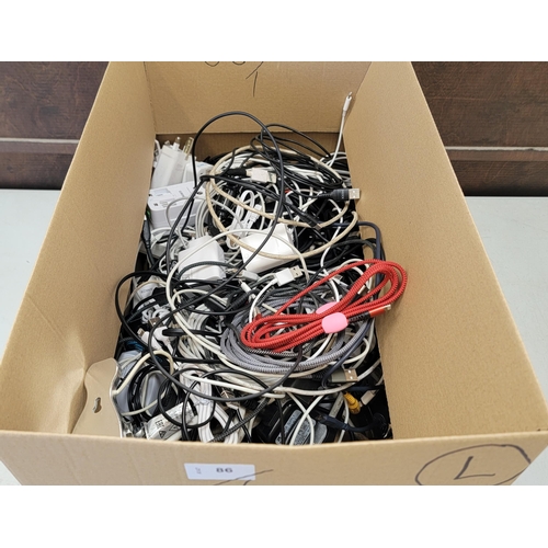 86 - ONE BOX OF CABLES, PLUGS AND CHARGERS