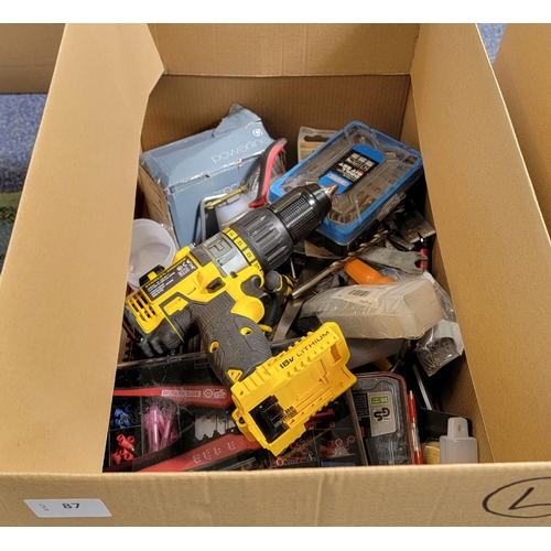 ONE BOX OF TOOLS including a Stanley Fatmax drill, DeWalt driver bits ...