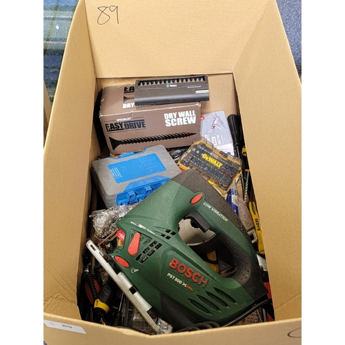 89 - ONE BOX OF TOOLS
including a Bosch jigsaw, Wera Star bit set, screwdriver bits, socket sets, screwdr... 