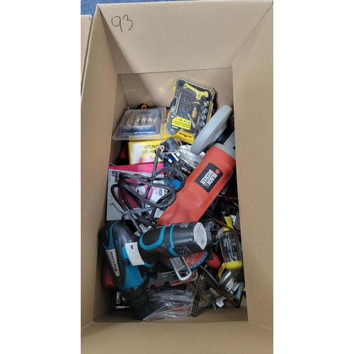 93 - ONE BOX OF TOOLS
including Black and Decker angle grinder, cutting discs, DeWalt screwdriver bits, p... 