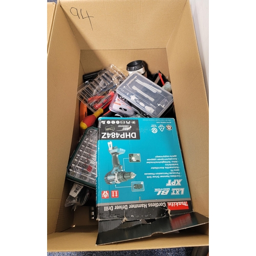 94 - ONE BOX OF TOOLS
including Makita drill driver, screwdriver bits, drill bits, screwdrivers, spanners... 