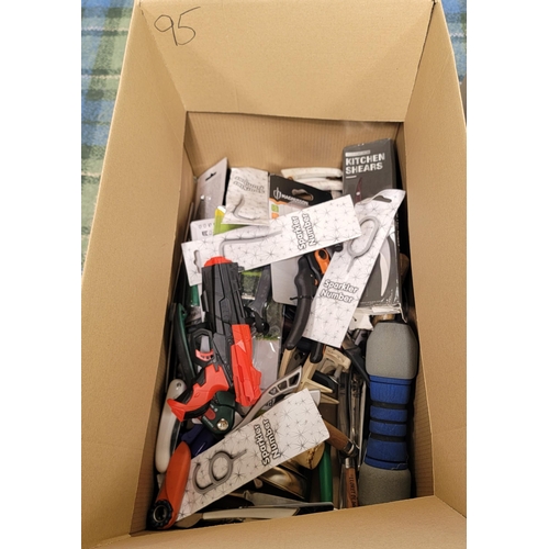 95 - ONE BOX OF MISCELLANEOUS ITEMS
including gardening secateurs and pruning shears, weights, cutlery, t... 