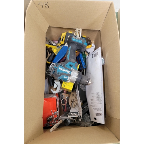 98 - ONE BOX OF TOOLS
including Makita drill driver, DeWalt screwdriver bits, cutting discs, joint raker,... 