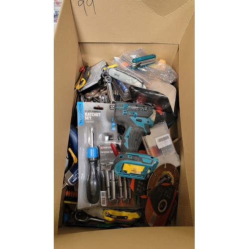 99 - ONE BOX OF TOOLS
including Makita drill driver, cutting discs, ratchet sets, Bahco screwdriver bit s... 