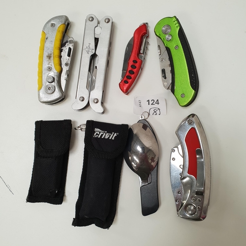 124 - NINE MULTI-TOOLS AND KNIVES
of various sizes and designs, including Crivet and Rolson
Note: You must... 