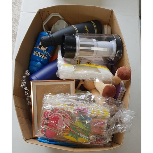 53 - ONE BOX OF MISCELLANEOUS ITEMS
including souvenirs, water bottles, wool, picture frame and umbrellas