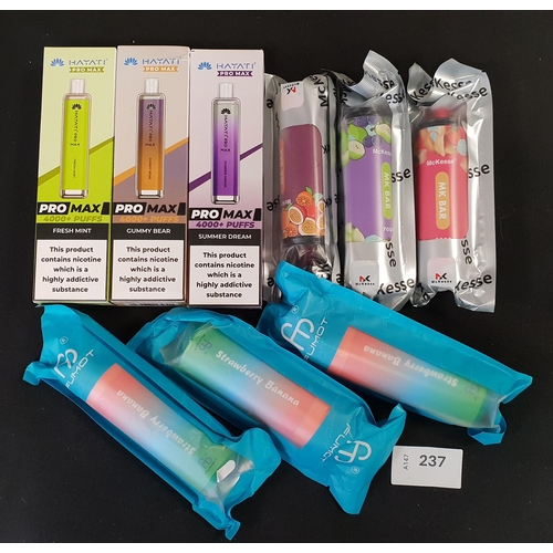 237 - SELECTION OF DISPOSABLE VAPES
comprising 3x McKesse MK Bars; 3x Fumot; and 3x Hayati Pro Max (9)
Not... 