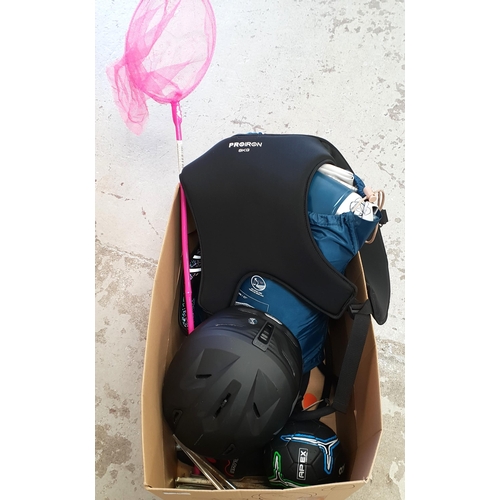 16 - ONE BOX OF SPORTING AND LEISURE ITEMS
including a weighted vest, cycling helmet and blow up double m... 