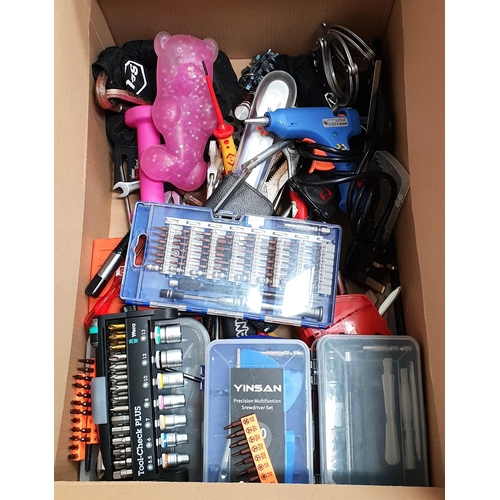 26 - ONE BOX OF MISCELLANEOUS ITEMS
including screwdriver sets, bike chain, hand weights and loose tools