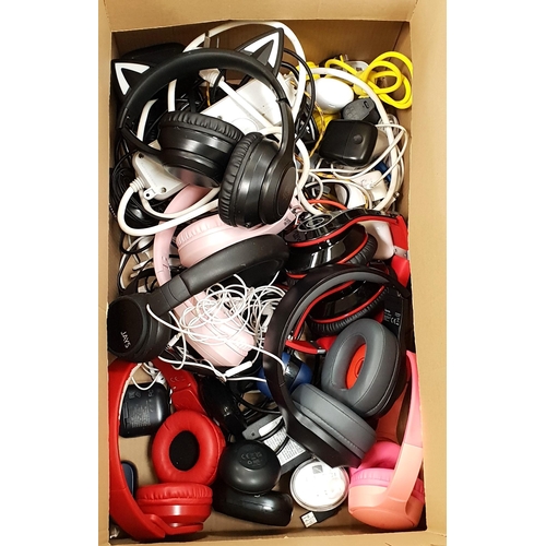 43 - ONE BOX OF CABLES , CHARGERS AND HEADPHONES
including in ear and on ear headphones