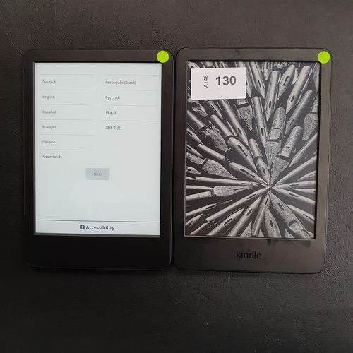 130 - TWO KINDLE BASIC 4 E-READERS
serial numbers G092 AP03 2272 04WQ and G092 AP03 2384 0D8S (2)
Note: It... 