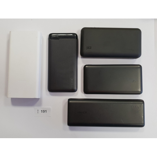 191 - FIVE POWER BANKS
including Anker, Juice and Belkin (5)