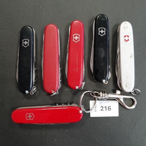 216 - SIX VICTORINOX SWISS ARMY KNIVES
of various sizes and designs
Note: You must be over the age of 18 t... 