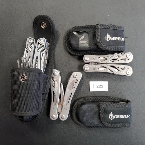 222 - FOUR MULTI-TOOLS
of various sizes and designs, including two by Gerber
Note: You must be over the ag... 