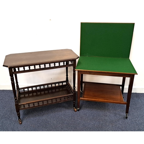 TWO VINTAGE MAHOGANY TEA TROLLEYS
comprising trolley with balustrade detail and shelf, Eastcraft folding games table trolley with baize top and compartment (2)