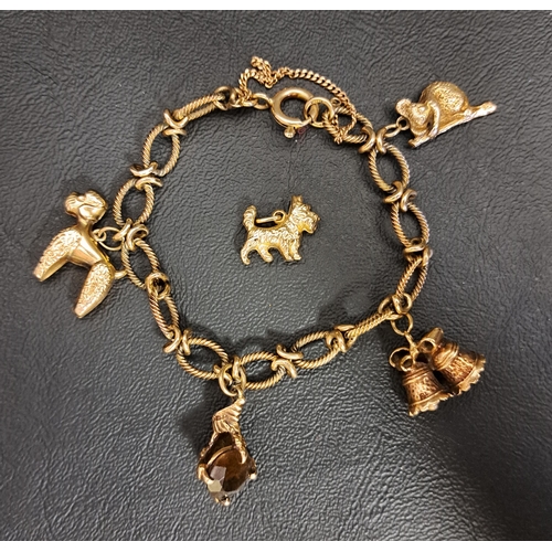 65 - NINE CARAT GOLD CHARM BRACELET
the fancy link bracelet with five charms (one loose) including a claw... 