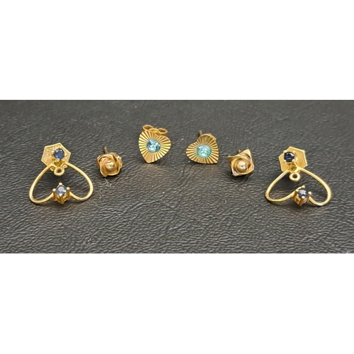 108 - THREE PAIRS OF GOLD EARRINGS
comprising a pair of sapphire set earrings with removable drops (allowi... 