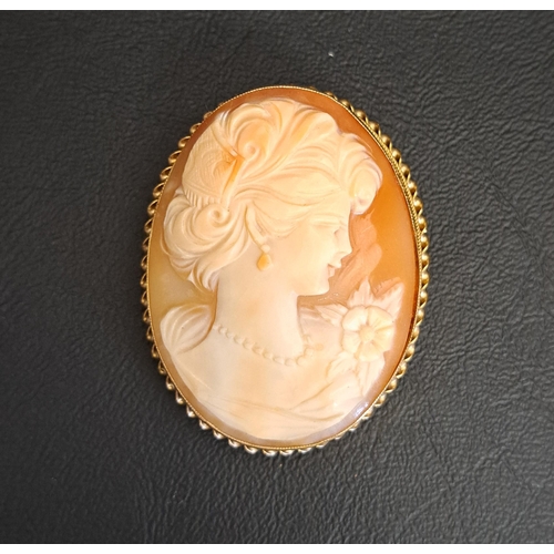 119 - LARGE CAMEO BROOCH
the oval shell cameo depicting a female bust in profile, in nine carat gold mount... 