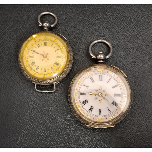 125 - TWO SILVER FOB WATCHES
both with gilt and floral decoration to the white enamel dials and profuse en... 