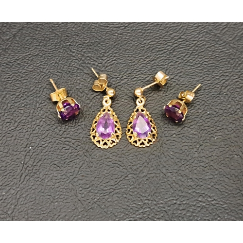 128 - PAIR OF AMETHYST DROP EARRINGS
in nine carat gold; together with a pair of amethyst stud earrings