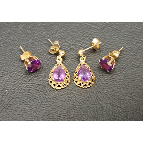 128 - PAIR OF AMETHYST DROP EARRINGS
in nine carat gold; together with a pair of amethyst stud earrings