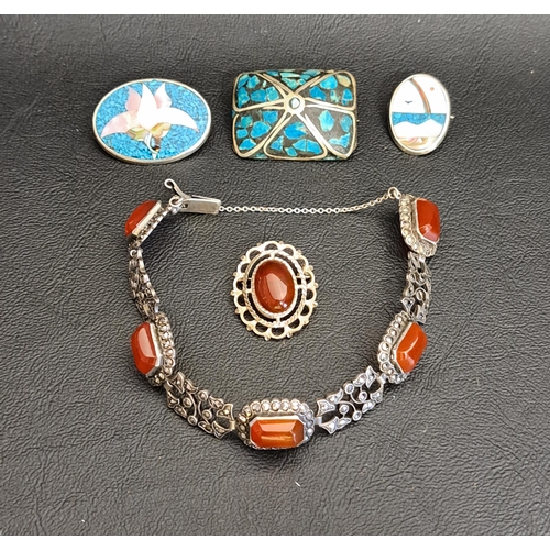 136 - INTERESTING SELECTION OF SILVER AND OTHER JEWELLERY
comprising a carnelian set silver bracelet, two ... 