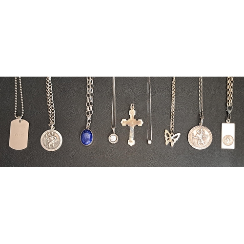 148 - NINE VARIOUS SILVER PENDANTS
eight with chains, including a Sade Hane Lapis Lazuli pendant, three St... 