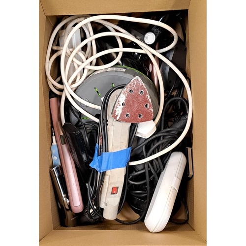 53 - ONE BOX OF ELECTRICAL ITEMS
including an electric sander, hairdryer, straighteners, hair curler, ele... 