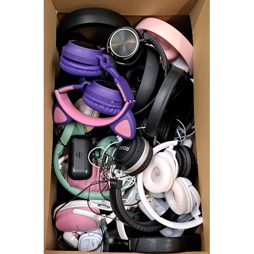 54 - ONE BOX OF HEADPHONES
including on ear, in ear and ear buds, branded and unbranded