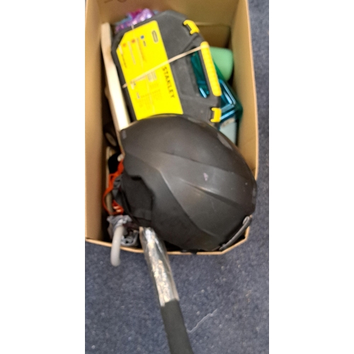 56 - ONE BOX OF MISCELLANEOUS ITEMS
including soft ball cricket bat, stationery, head torches, a Stanley ... 