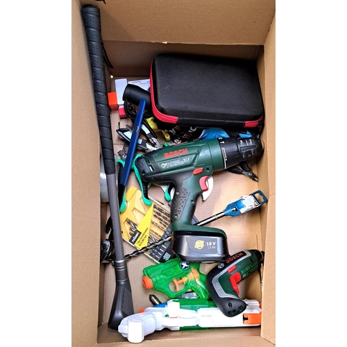 65 - ONE BOX OF MISCELLANEOUS ITEMS
including loose tools, toys, cased tools, Bosch electric screwdriver ... 