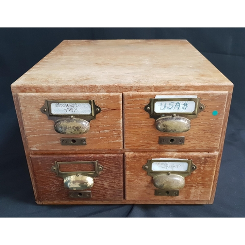 436 - FOUR DRAWER OAK INDEX CARD FILLING CABINET
with brass name handles/tag holders, 40 x 34.5 x 24cm