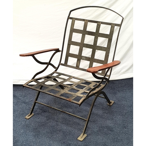 441 - LARGE WROUGHT IRON ARM CHAIR
with teak arm rests, 103 x 83 x 64cm