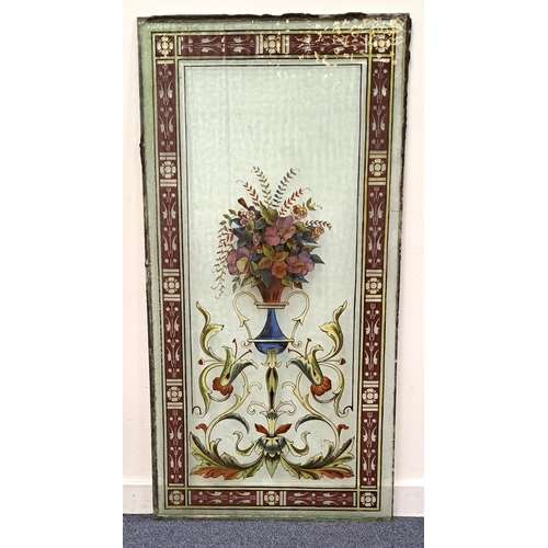 459 - LARGE VICTORIAN STAINED GLASS HAND PAINTED PANEL
depicting ornate vase with flowers, the border of b... 