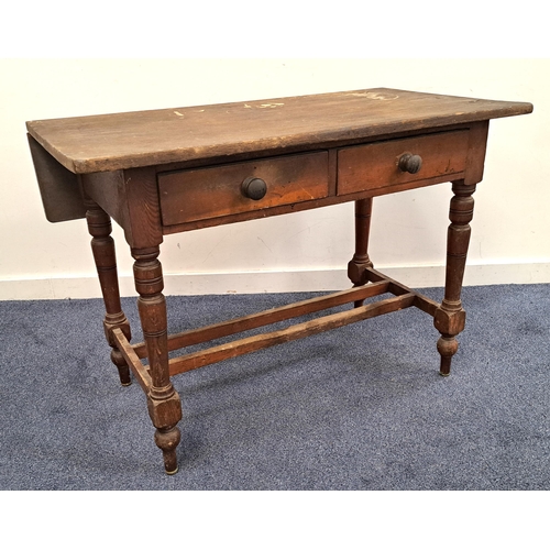 483 - 19th CENTURY PINE DROP LEAF KITCHEN TABLE
with two drawers and stretchers below, 84 x 79 x 109cm