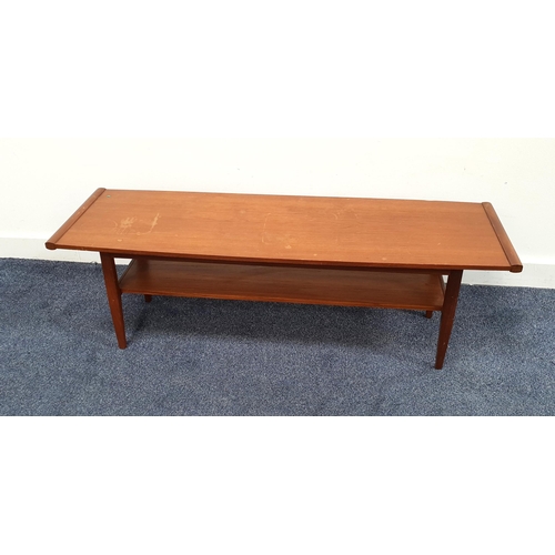 443 - MID CENTURY TEAK COFFEE TABLE
with lower shelf, raised on tapering legs, 104 x 36 x 38cm