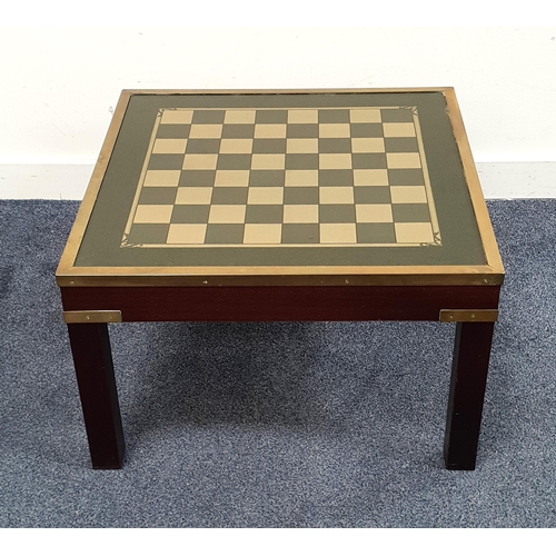 476 - CAMPAIGN STYLE OCCASIONAL TABLE WITH CHESS BOARD GLASS TOP
with brass edging and detail, the top 59 ... 