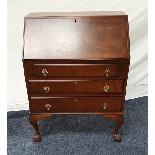 492 - MAHOGANY BUREAU
the fall flap opening to reveal a fitted interior, above three drawers and raised on... 