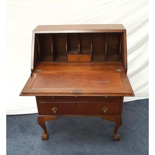 492 - MAHOGANY BUREAU
the fall flap opening to reveal a fitted interior, above three drawers and raised on... 