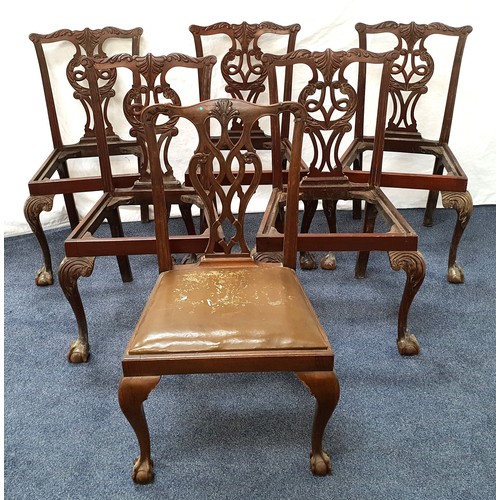 439 - FIVE CHIPPENDALE STYLE MAHOGANY DINING CHAIRS
with carved and pierced splats, seats missing,  carved... 