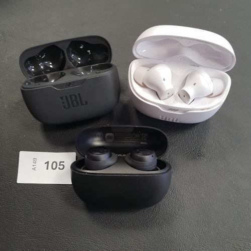 105 - TWO PAIRS OF EARBUDS IN CHARGING CASES
comprising JBL and Redmi; together with a JBL charging case