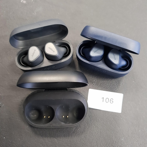 106 - TWO PAIRS OF JABRA EARBUDS IN CHARGING CASES
together with a Jabra charging case